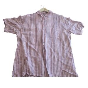 Alfani Mens Striped Short Sleeve Button Up Shirt Large Linen Rayon Blend